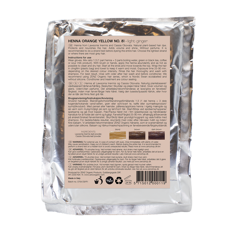 Botanical Henna Hair Colour Mandarin no. 82 is een natuurlijke henna haarverf voor alle haartypes. Vooral geschikt voor het creëren van warme kopertinten in bruin haar, ook bij grijs haar. Henna geeft verzorging, kracht en geeft kleur aan het haar. Het kan een beschermende film rond de haarstreng achterlaten, waardoor het haar meer volume, glans en volheid krijgt. De kleur wordt geleidelijk uitgewassen. De hennakleur is plantaardig, 100% natuurlijk en zonder parfum.