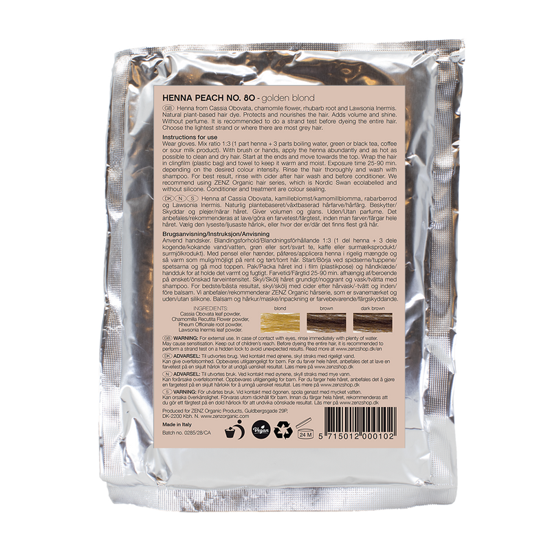 Botanical Henna Hair Colour Peach no. 80 is een natuurlijke henna haarverf voor alle haartypes. Vooral geschikt voor het creëren van een goudblond resultaat bij blond haar, ook bij grijs haar.