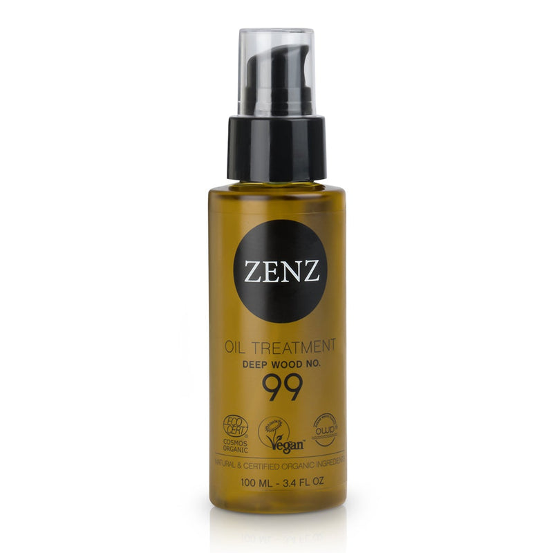 Olie fra ZENZ af 100% naturlige og certificeret økologiske ingredienser i 100 ml flaske med pumpe, organic oil treatment deep wood no. 99, cosmos ecocert, vegan, ocean waste plastic, natural & certified organic ingredients, 100ml, 3.4 fl oz