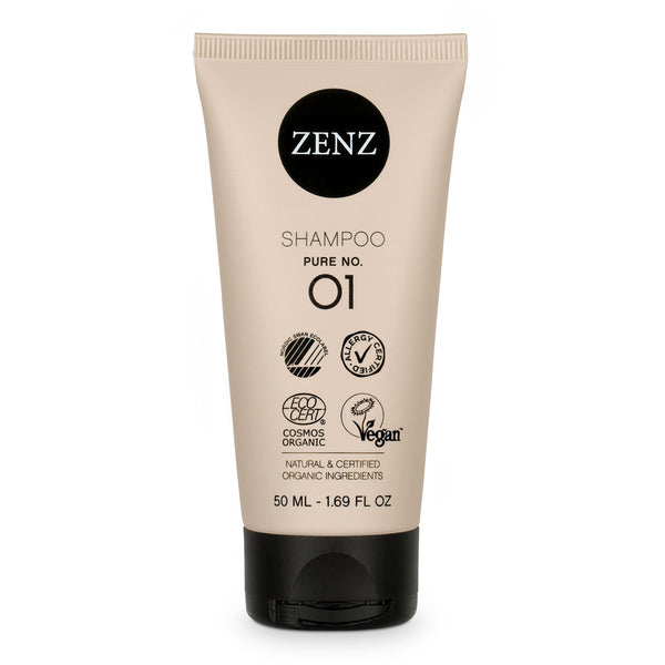 Shampoo Pure nr. 01 is allergiegecertificeerd. Geschikt voor gevoelig haar en hoofdhuid, kinderen en tijdens de zwangerschap. In reisformaat. nordic swan ecolabel, allergie gecertificeerd, cosmos organic ecocert, vegan, natuurlijke &amp; gecertificeerde biologische ingrediënten, 50 ml, 1.69 fl oz, beauty shortlist mama &amp; baby awards winnaar 2021