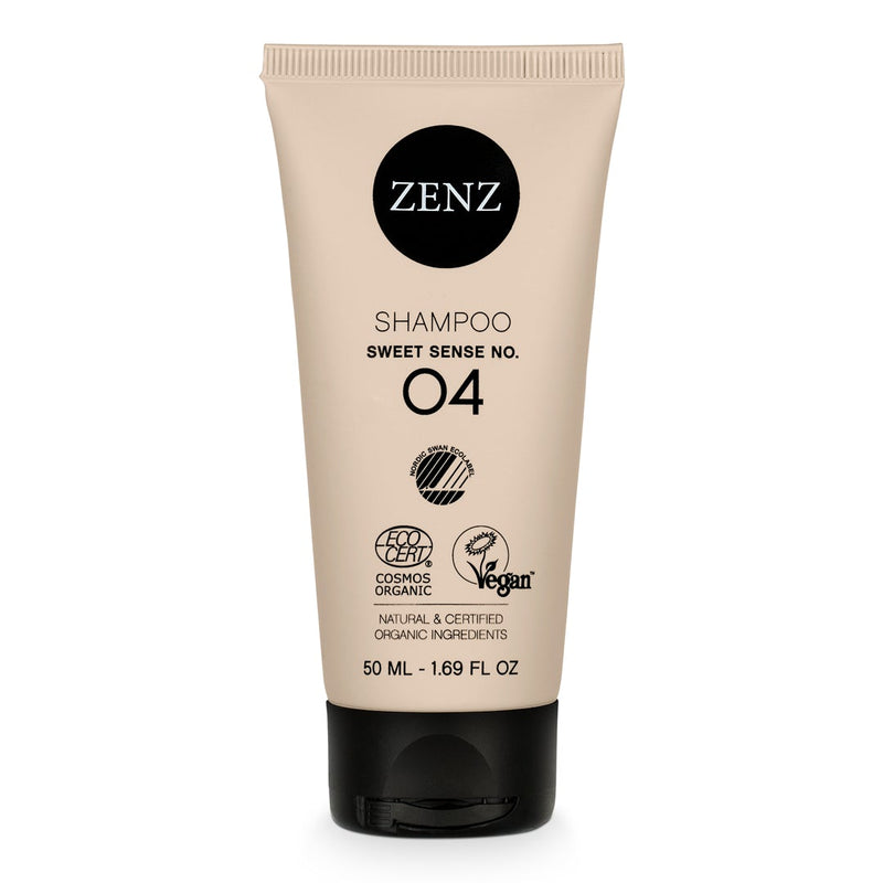 Shampoo Sweet Sense nr. 04 geeft vocht, kracht en vitaliteit aan alle haartypes. Vooral geschikt voor normaal en fijn haar. nordic swan ecolabel, cosmos organic ecocert, vegan, natuurlijke &amp; gecertificeerde biologische ingrediënten, 50 ml, 1.69 fl oz Reisformaat